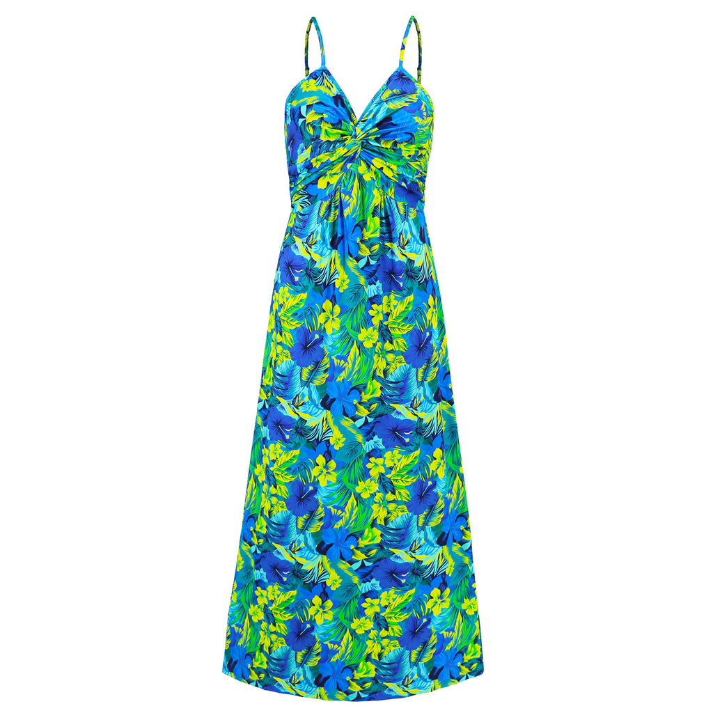 Tropical Print Twist Front Maxi Sundress - Darkblue