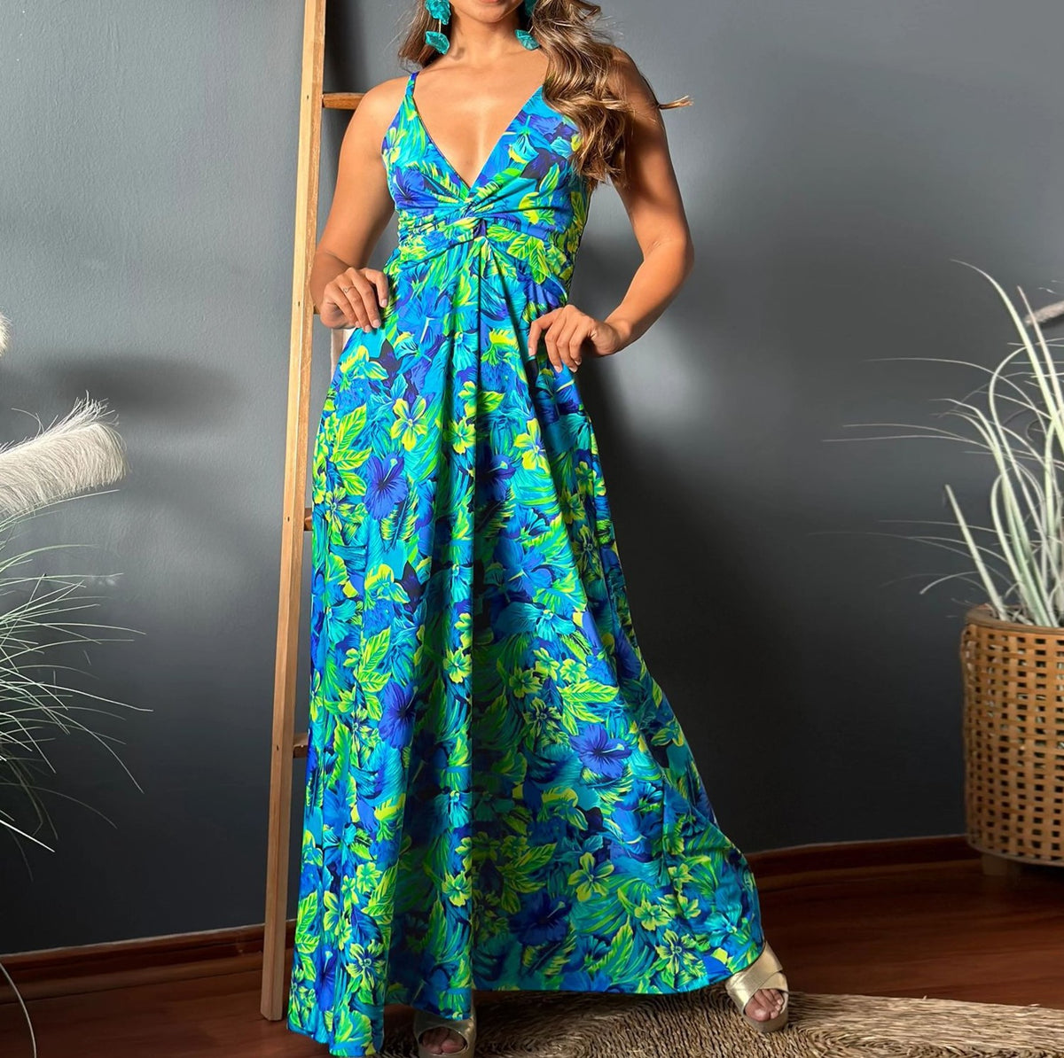 Tropical Print Twist Front Maxi Sundress - Darkblue - 1