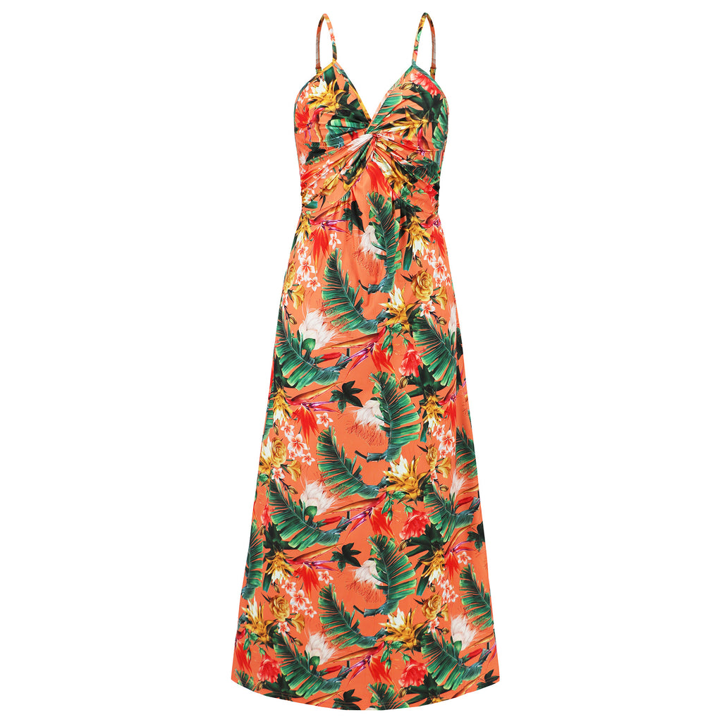 Tropical Print Twist Front Maxi Sundress - Green