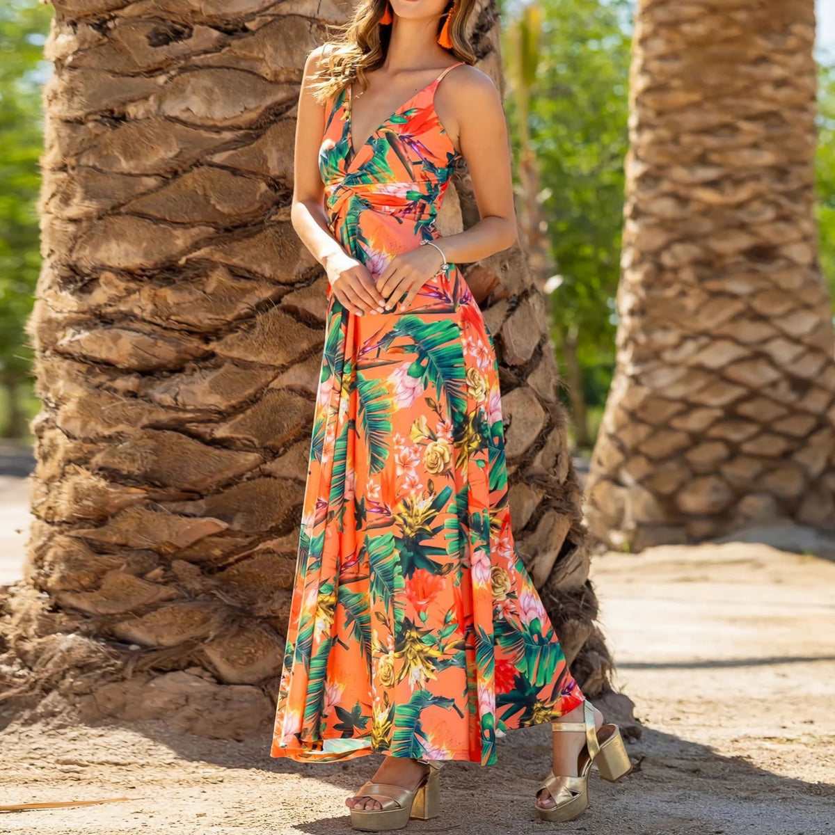 Tropical Print Twist Front Maxi Sundress - Green - 1