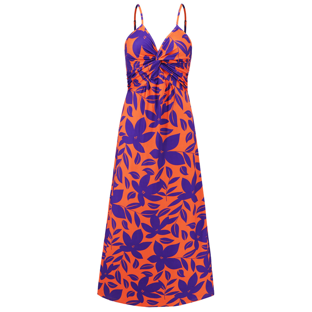 Tropical Print Twist Front Maxi Sundress - Orange