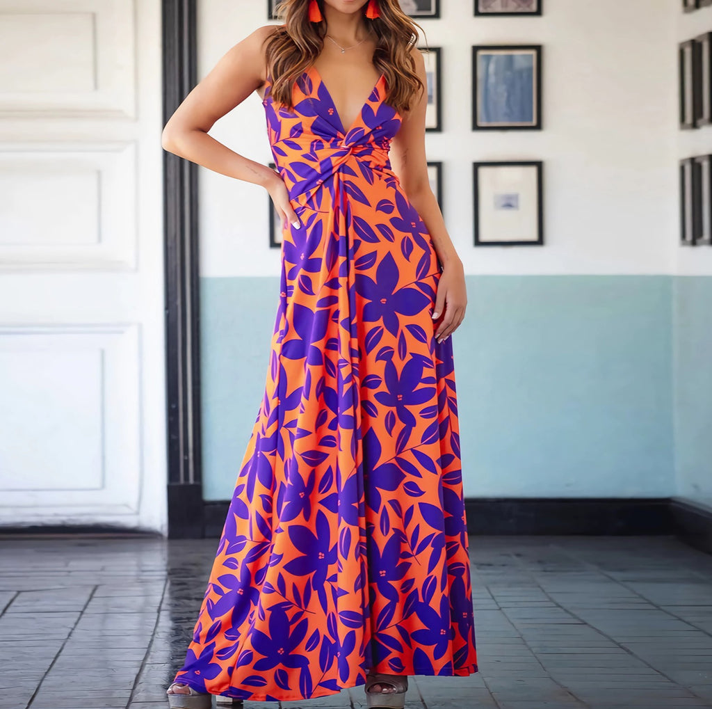 Tropical Print Twist Front Maxi Sundress - Orange - 1