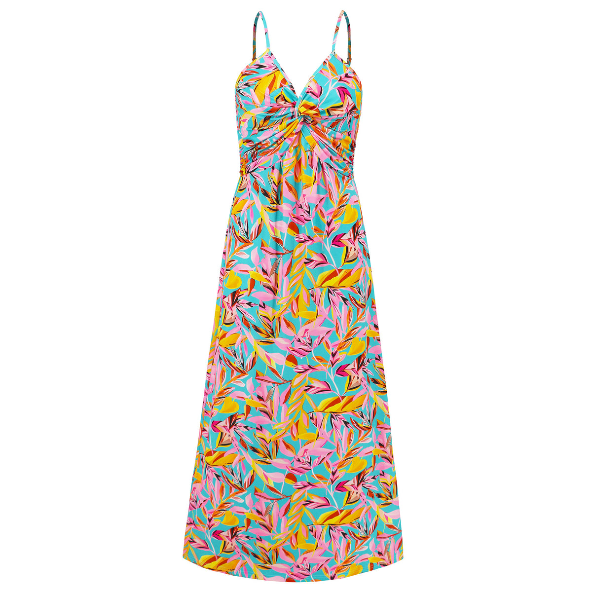 Tropical Print Twist Front Maxi Sundress - Pink