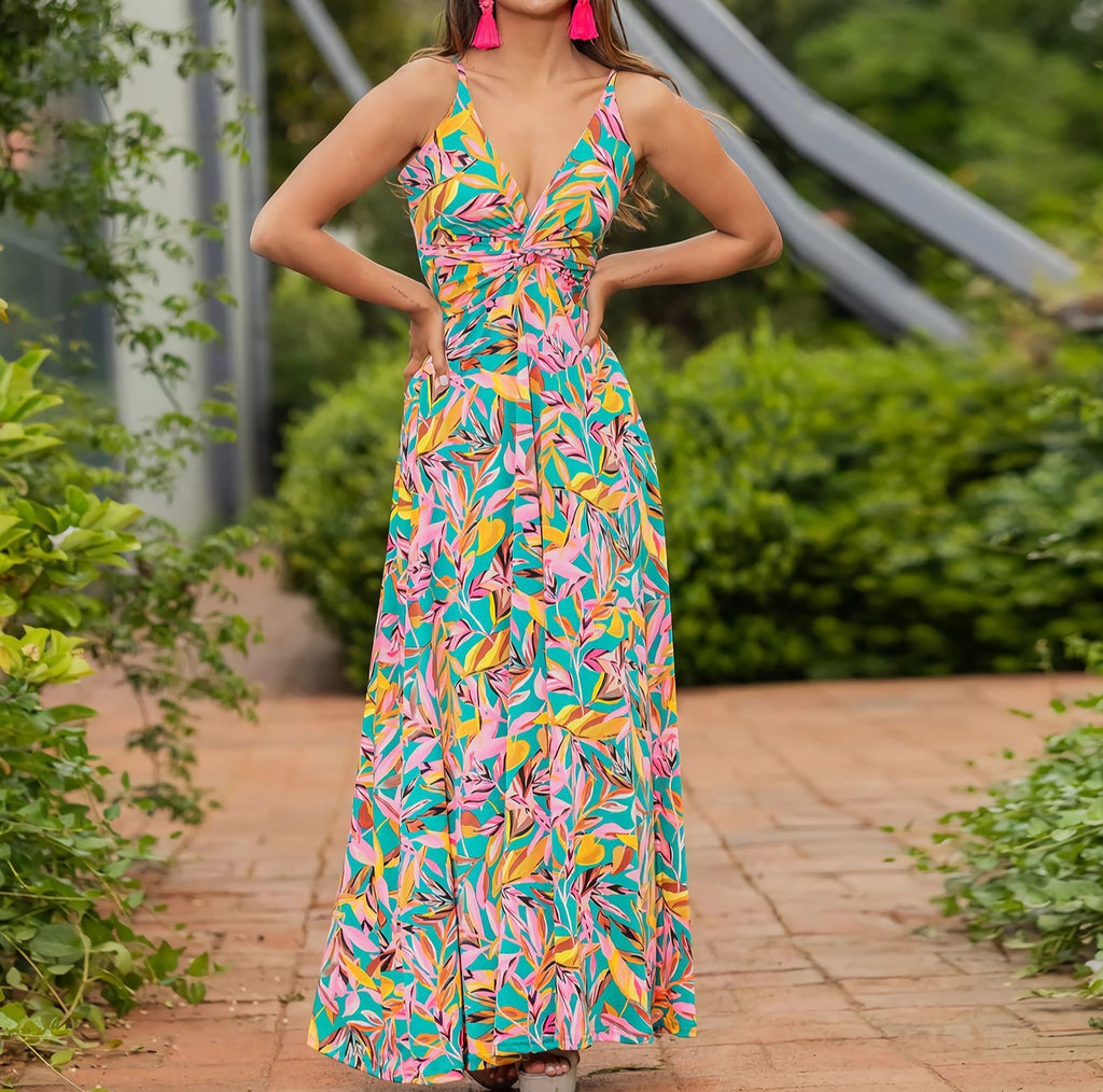 Tropical Print Twist Front Maxi Sundress - Pink - 1