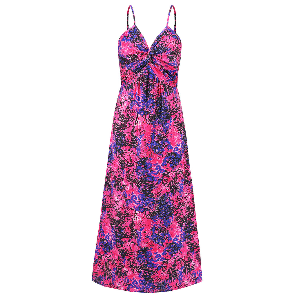 Tropical Print Twist Front Maxi Sundress - Purple