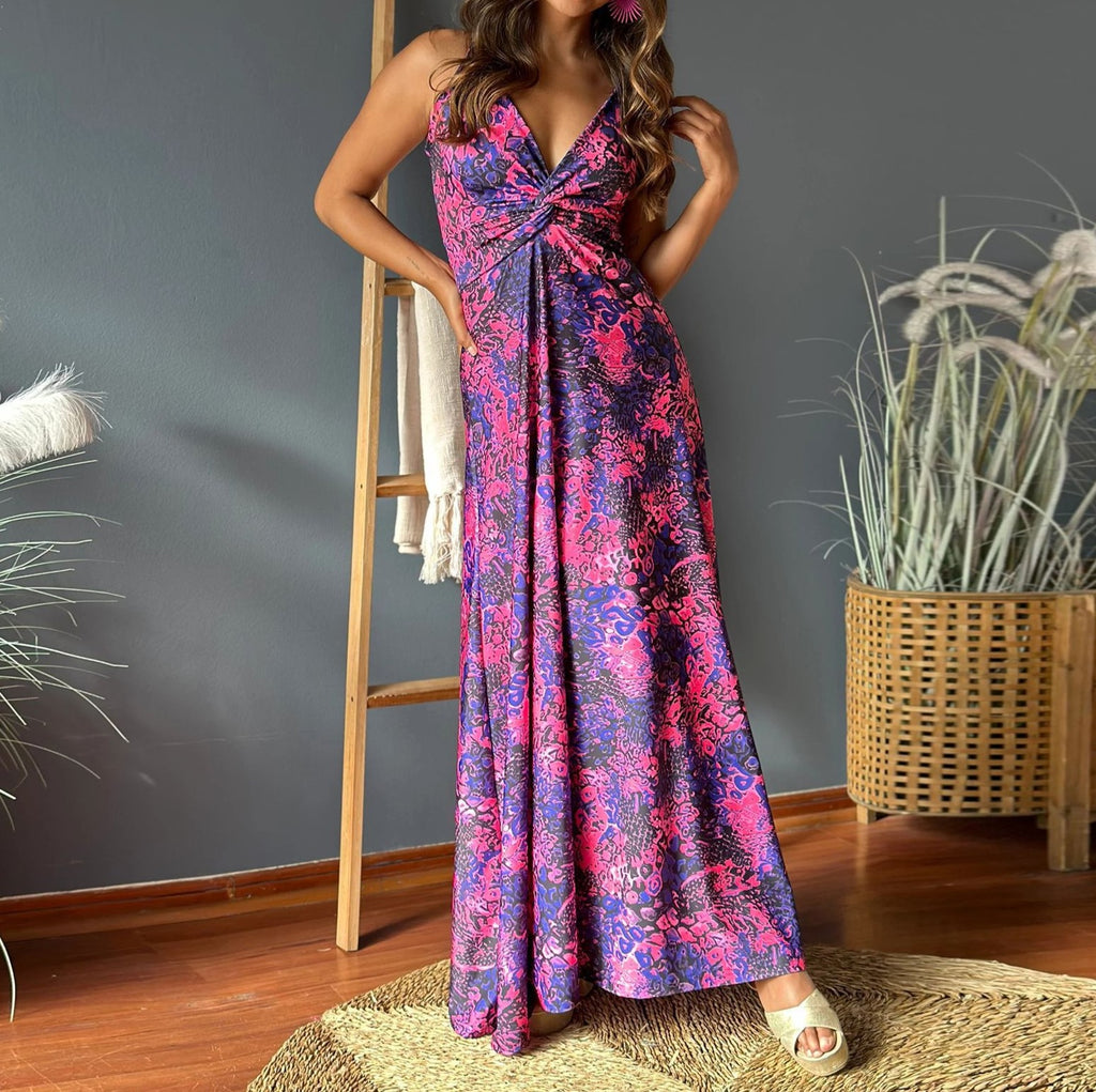 Tropical Print Twist Front Maxi Sundress - Purple - 1