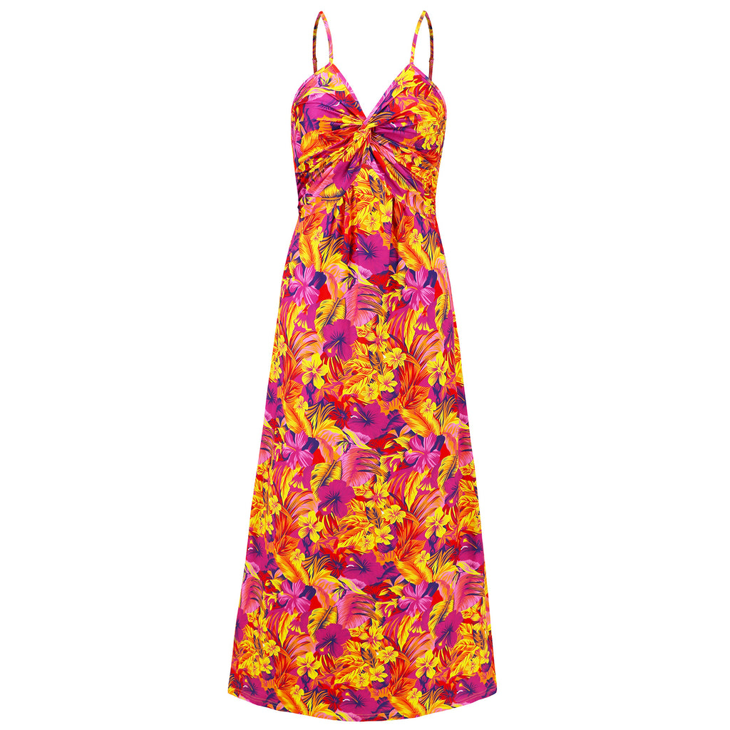 Tropical Print Twist Front Maxi Sundress - Rosered