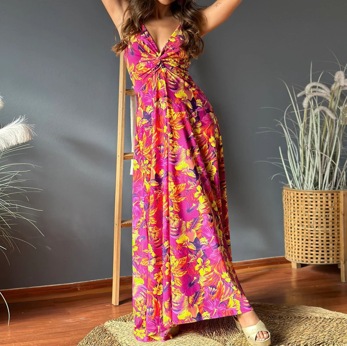 Tropical Print Twist Front Maxi Sundress - Rosered - 1