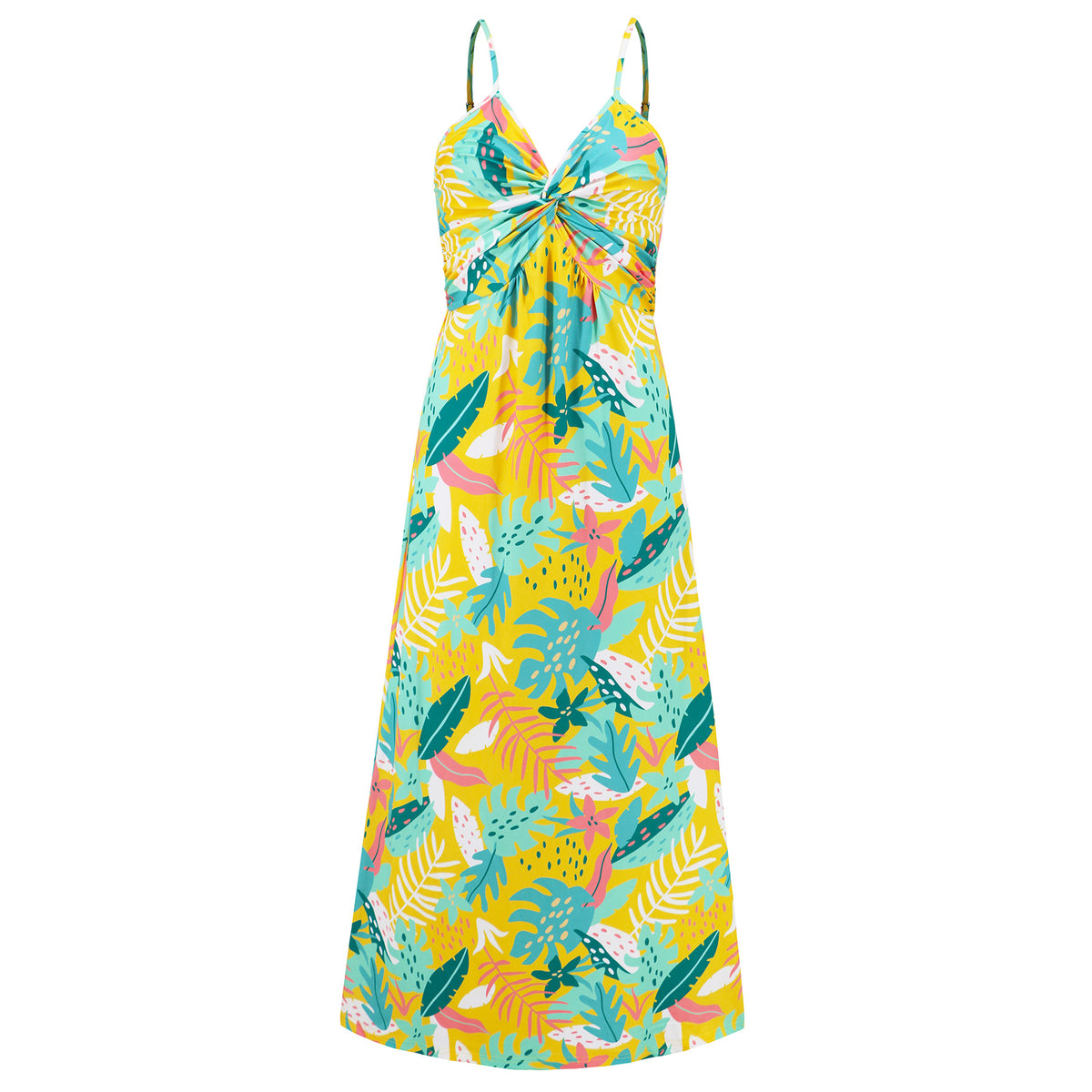 Tropical Print Twist Front Maxi Sundress - Yellow