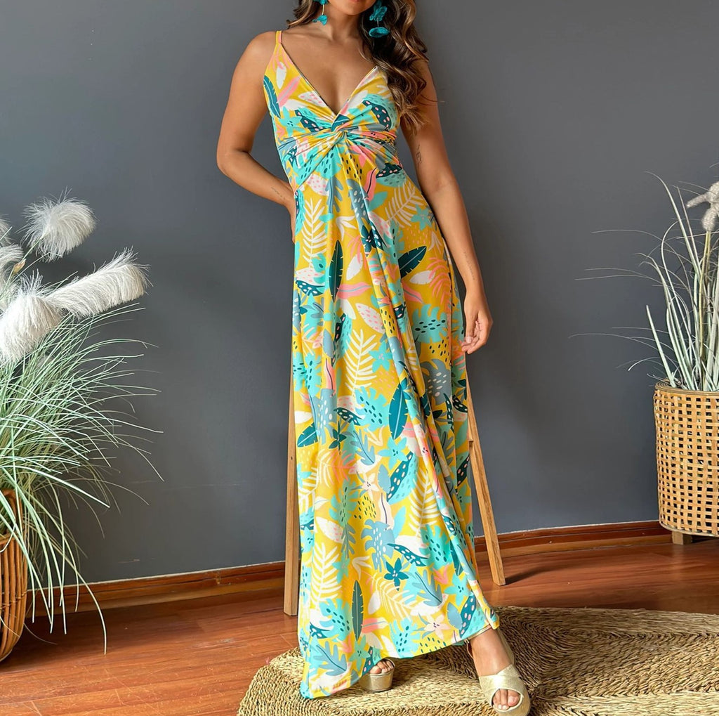 Tropical Print Twist Front Maxi Sundress - Yellow - 1