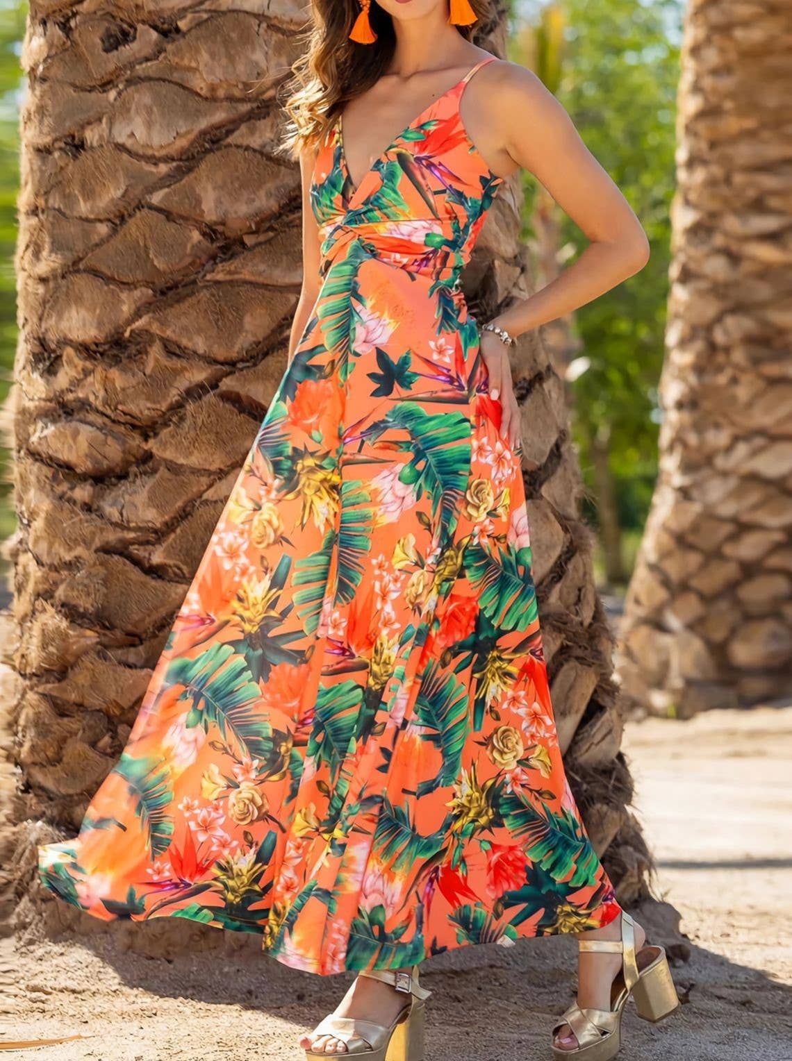Tropical Print Twist Front Maxi Sundress