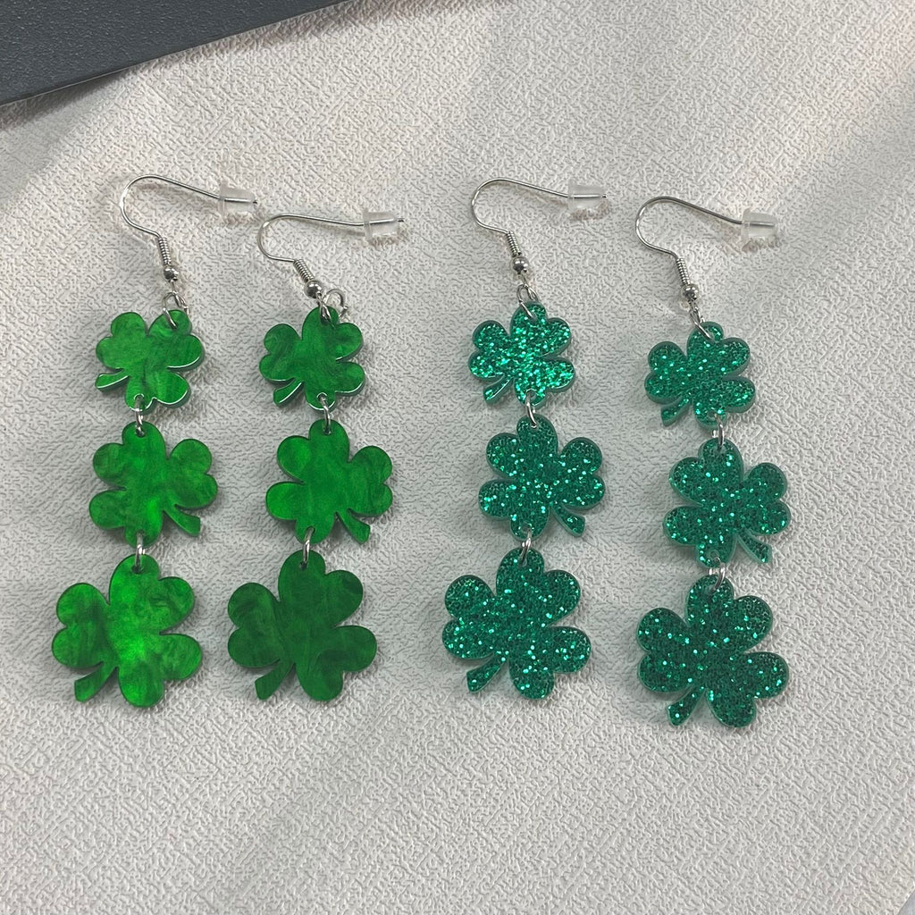 Triple Shamrock Glitter Drop Earrings