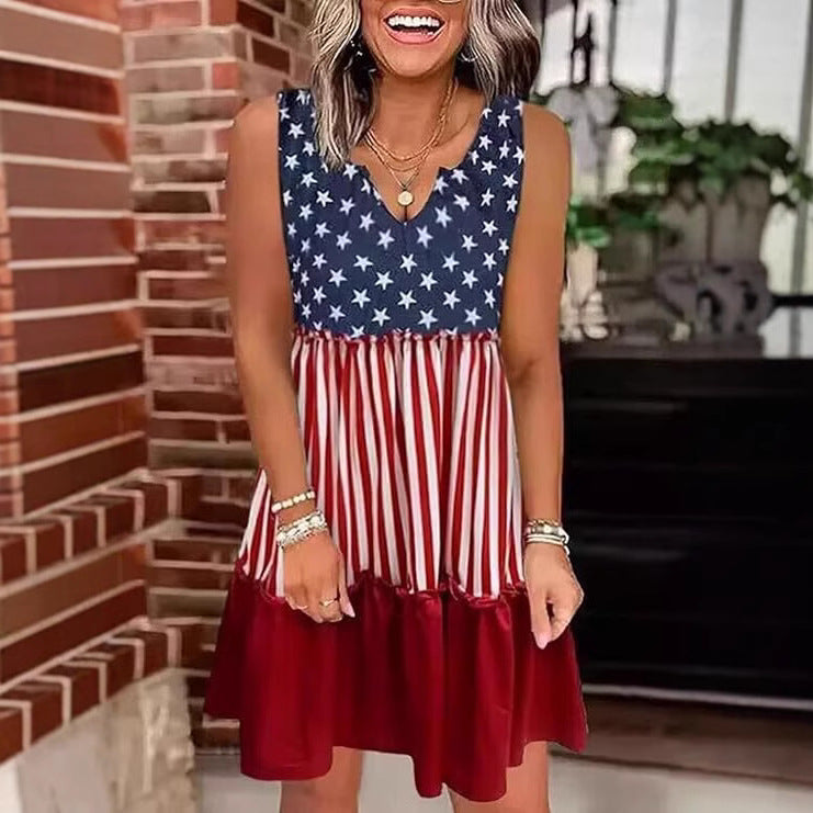 Stars and Stripes Tiered Sleeveless Mini Dress - Red - 1