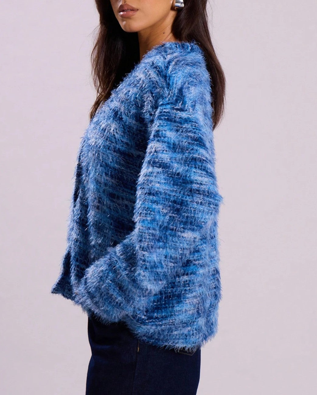 Fuzzy Marled Knit V-Neck Button Cardigan - Blue