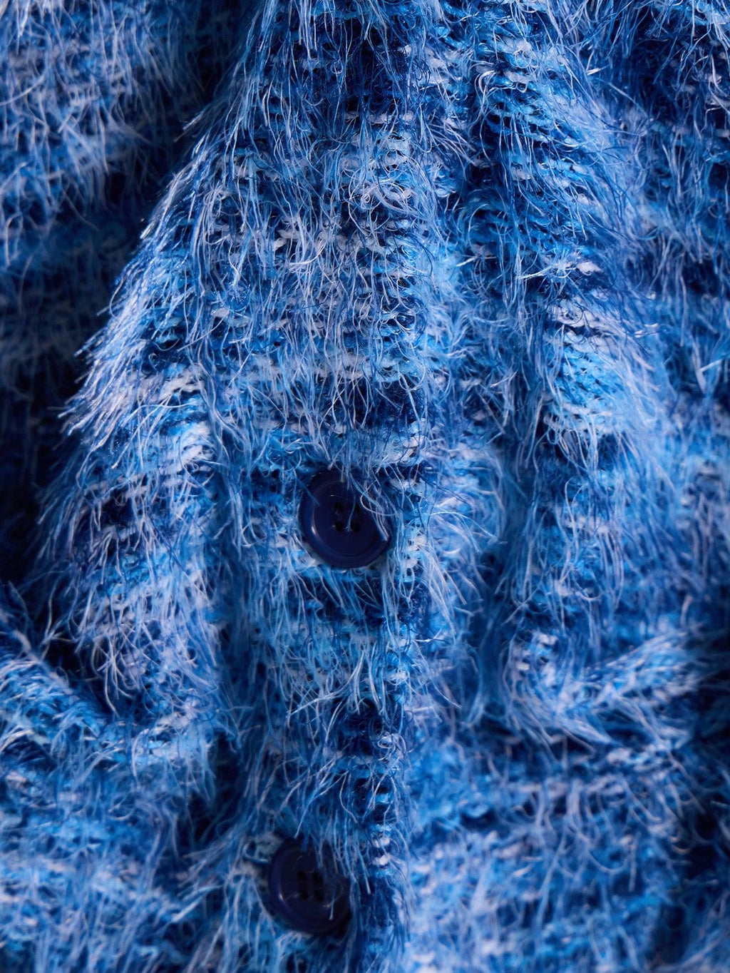 Fuzzy Marled Knit V-Neck Button Cardigan - Blue - 1