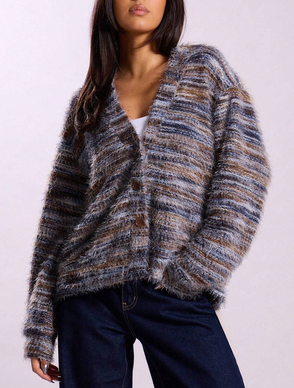 Fuzzy Marled Knit V-Neck Button Cardigan - Grey