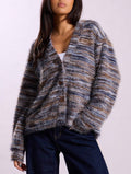 Fuzzy Marled Knit V-Neck Button Cardigan - Grey