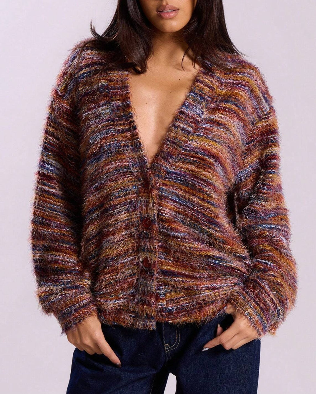 Fuzzy Marled Knit V-Neck Button Cardigan - Red
