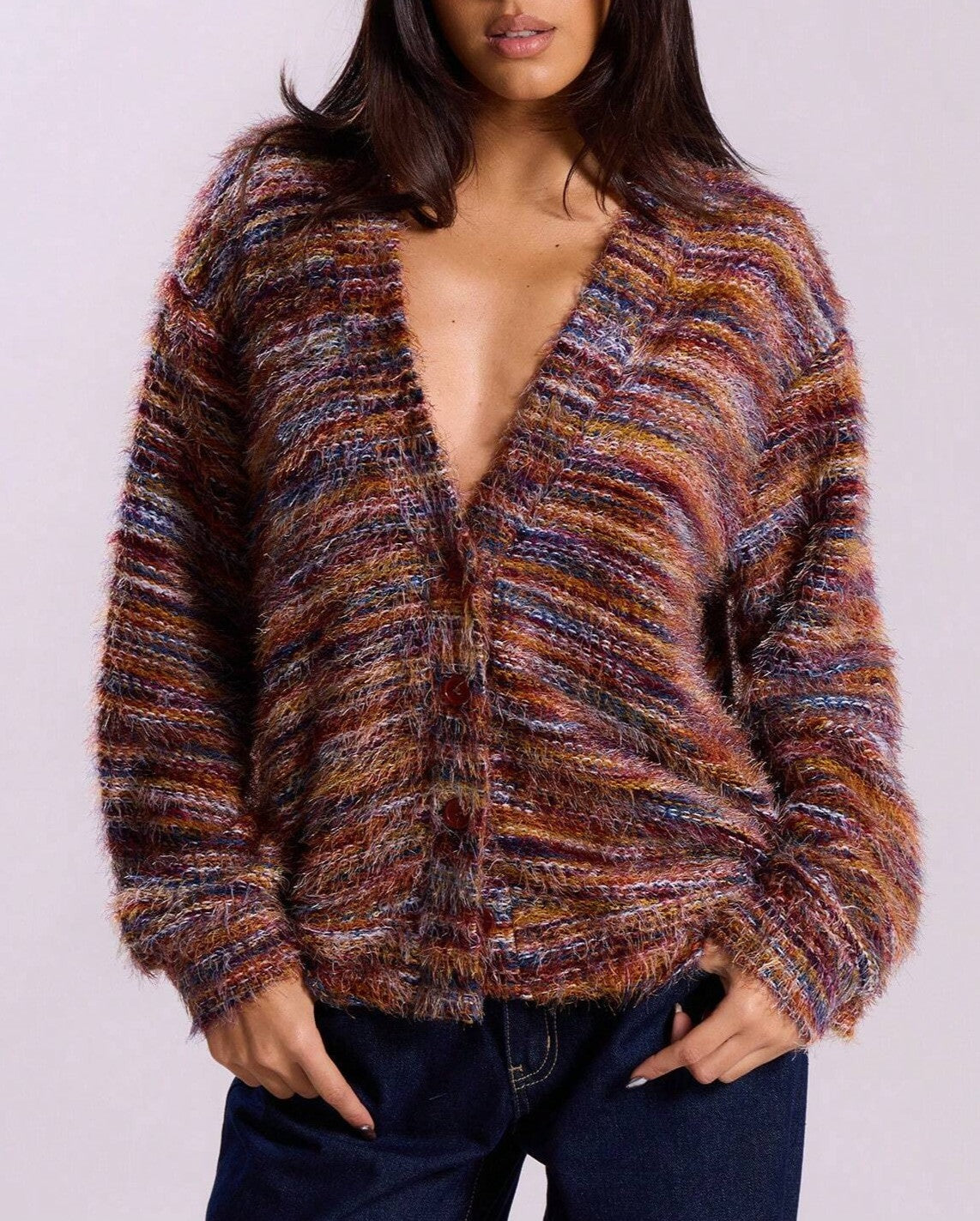Fuzzy Marled Knit V-Neck Button Cardigan - Red