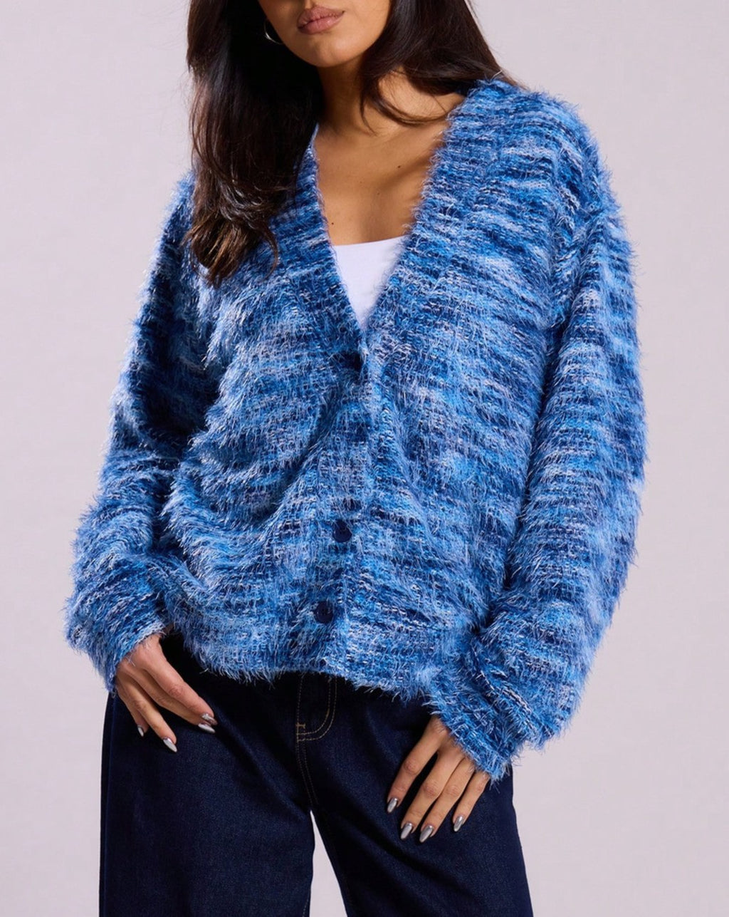 Fuzzy Marled Knit V-Neck Button Cardigan