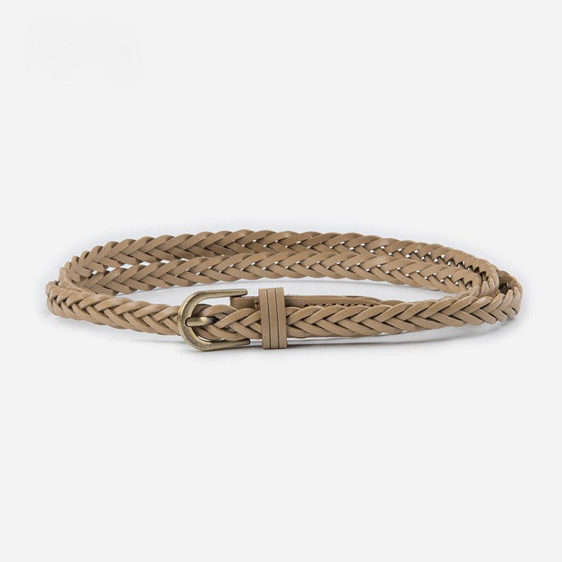 Slim Braided Belt With Aged Buckle - Apricot