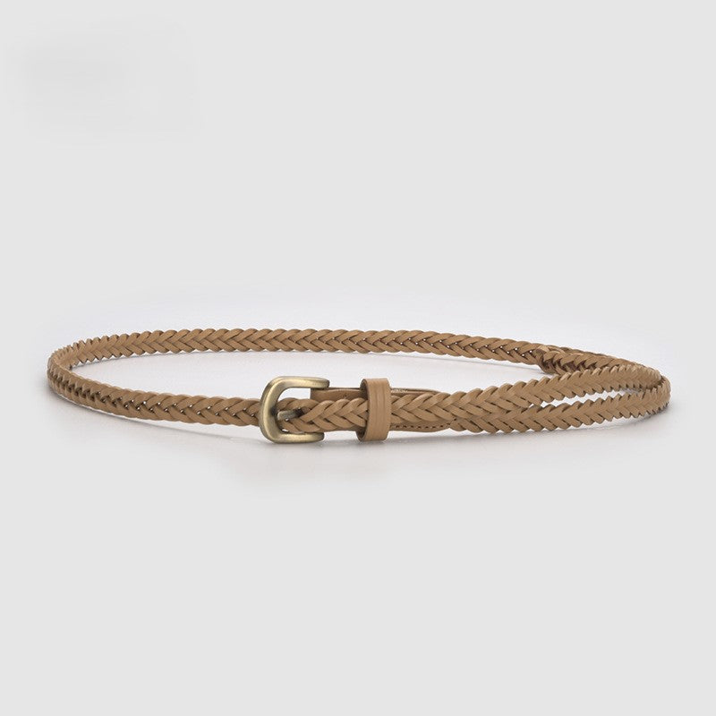 Slim Braided Belt With Aged Buckle - B-apricot