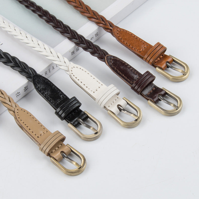 Slim Braided Belt With Aged Buckle - B-apricot - 2