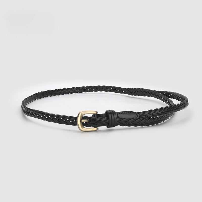 Slim Braided Belt With Aged Buckle - B-black