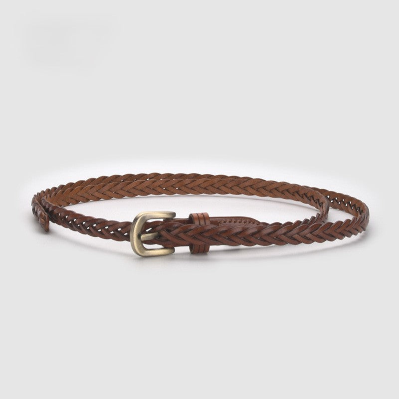 Slim Braided Belt With Aged Buckle - B-brown