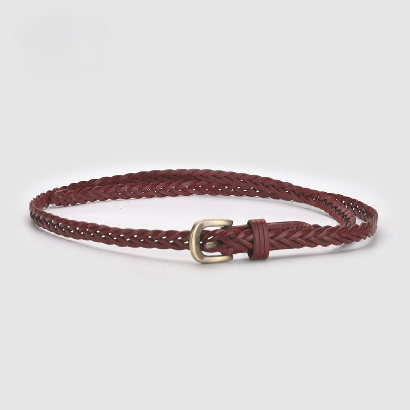 Slim Braided Belt With Aged Buckle - B-red