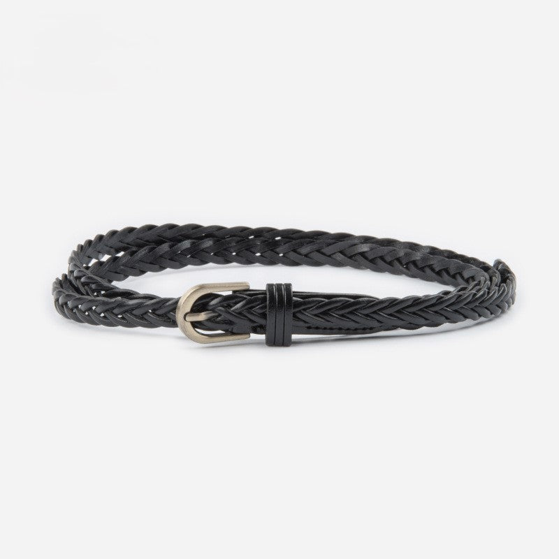 Slim Braided Belt With Aged Buckle - Black