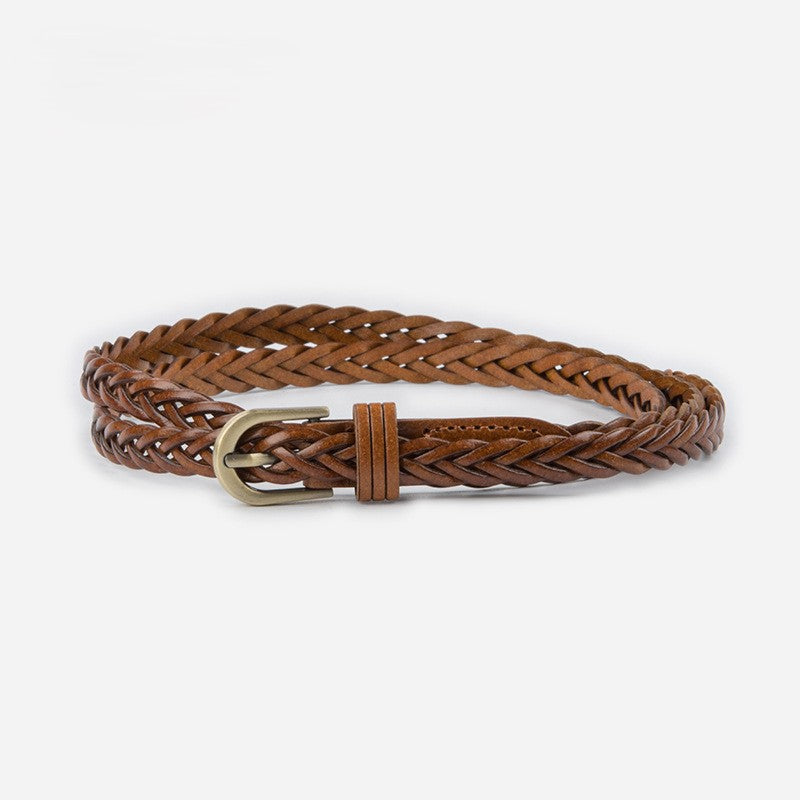Slim Braided Belt With Aged Buckle - Brown