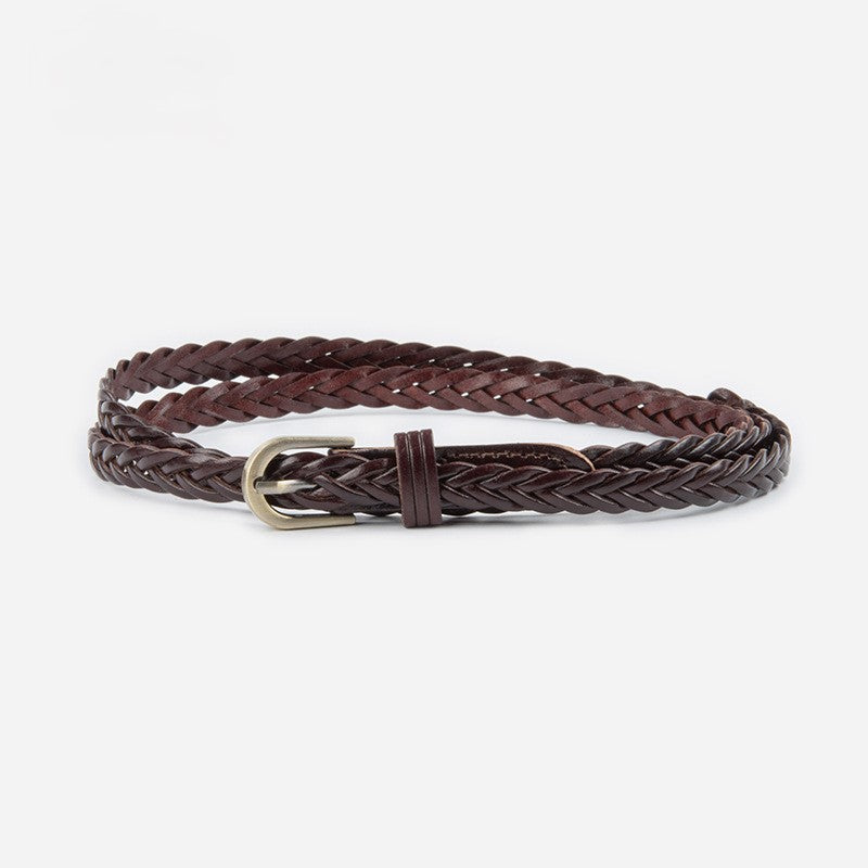 Slim Braided Belt With Aged Buckle - Coffee