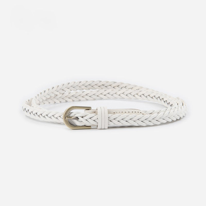 Slim Braided Belt With Aged Buckle - White