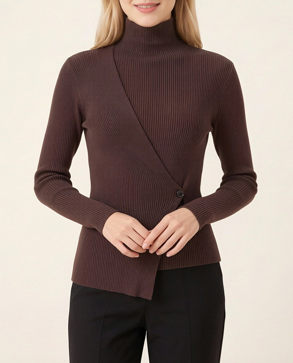Ribbed Knit Turtleneck Asymmetric Hem Wrap Top - Coffee