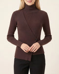 Ribbed Knit Turtleneck Asymmetric Hem Wrap Top - Coffee
