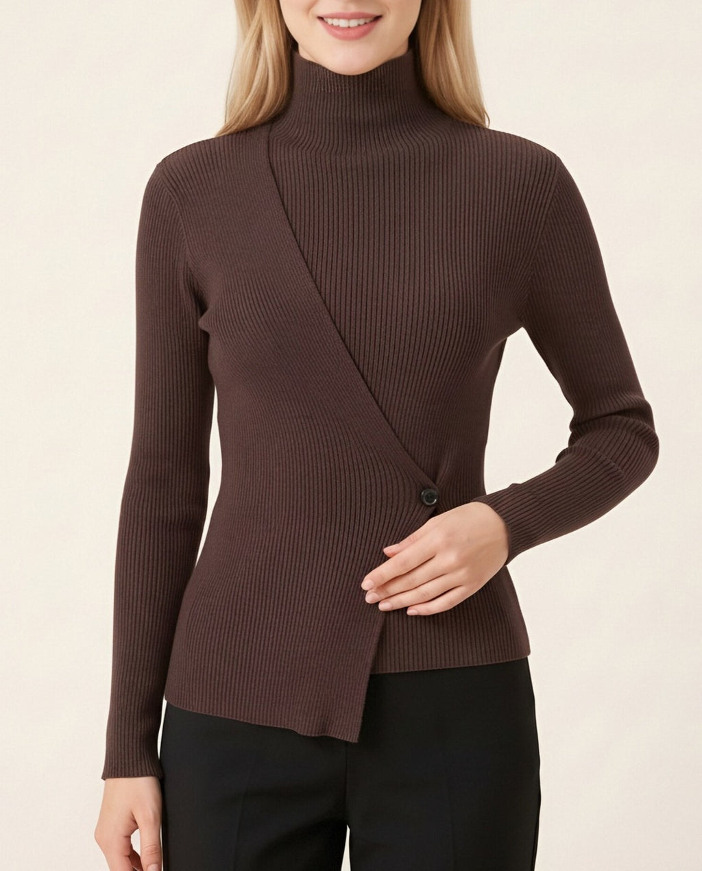 Ribbed Knit Turtleneck Asymmetric Hem Wrap Top - Coffee - 1