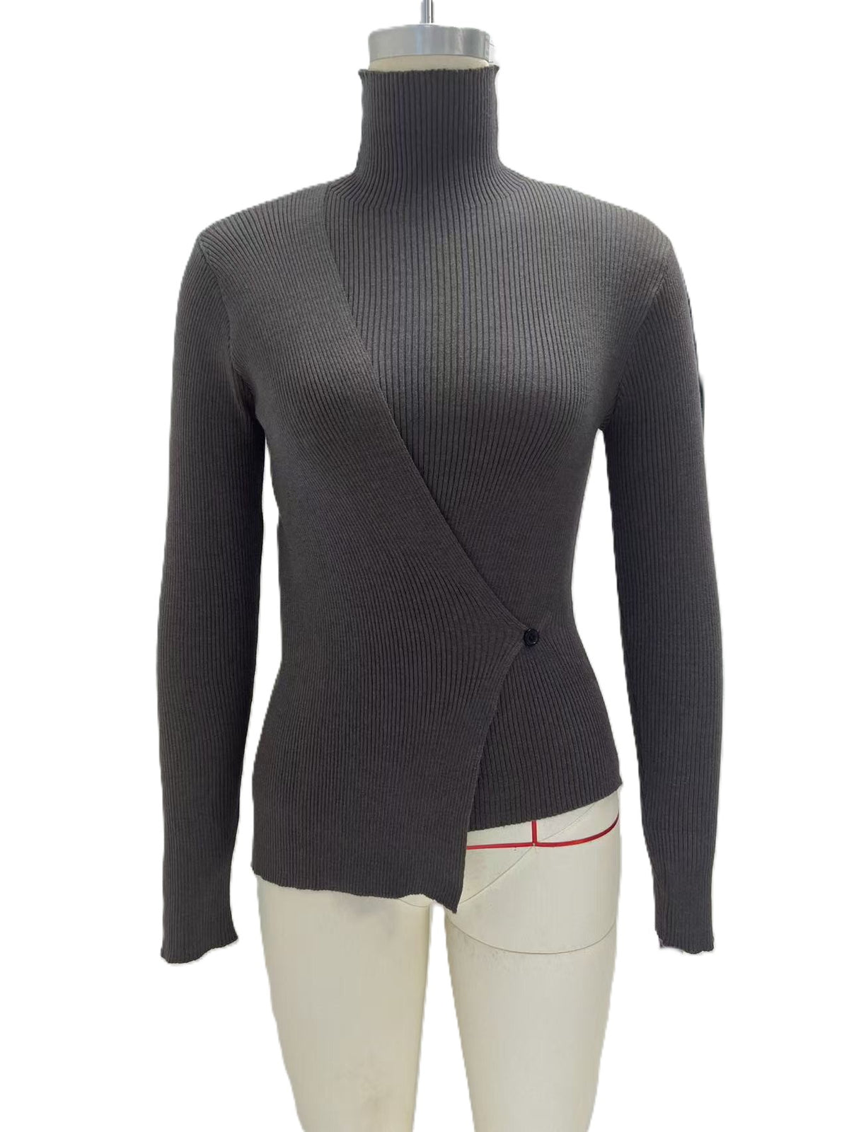 Ribbed Knit Turtleneck Asymmetric Hem Wrap Top - Grey