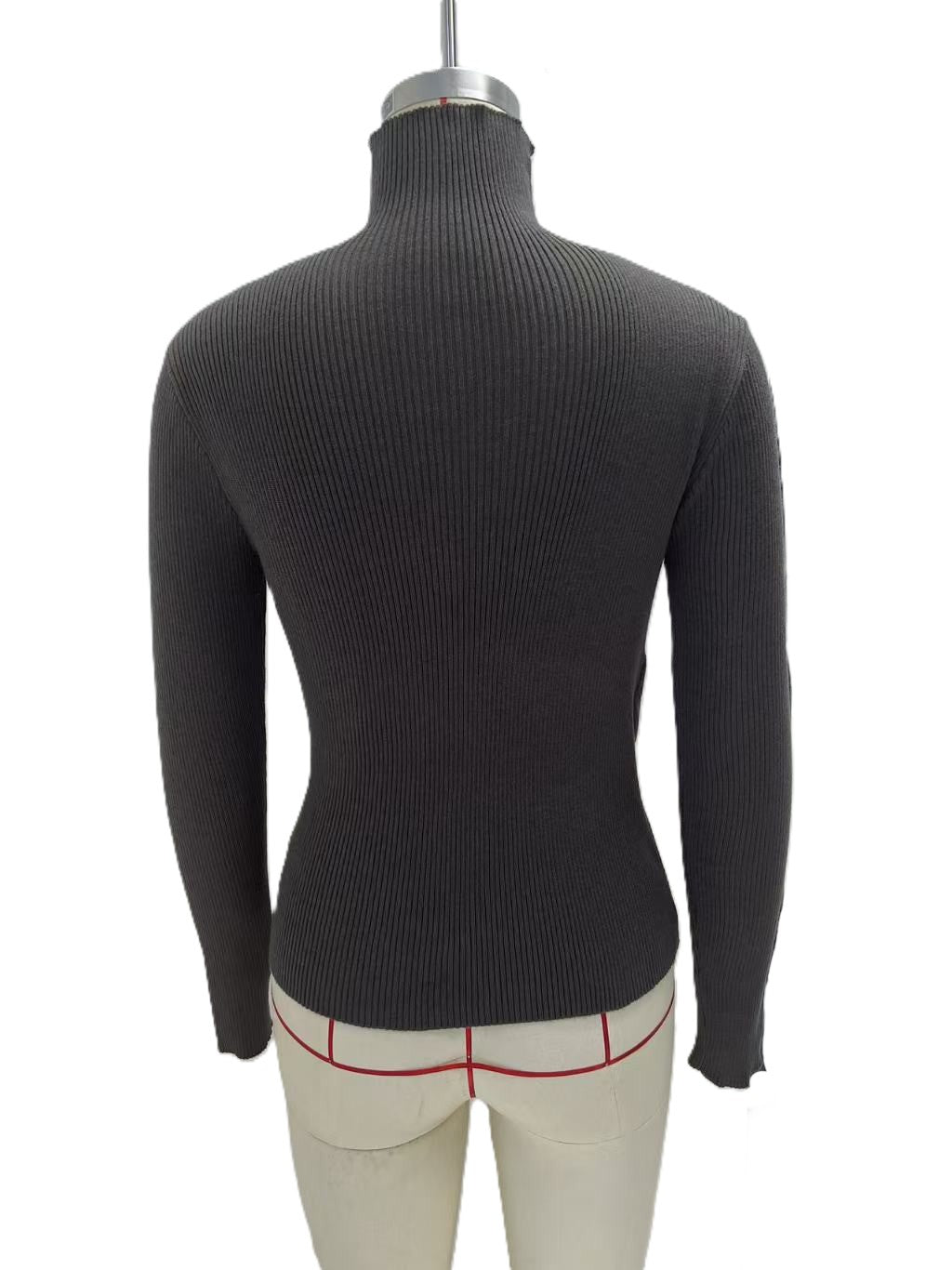 Ribbed Knit Turtleneck Asymmetric Hem Wrap Top - Grey - 1