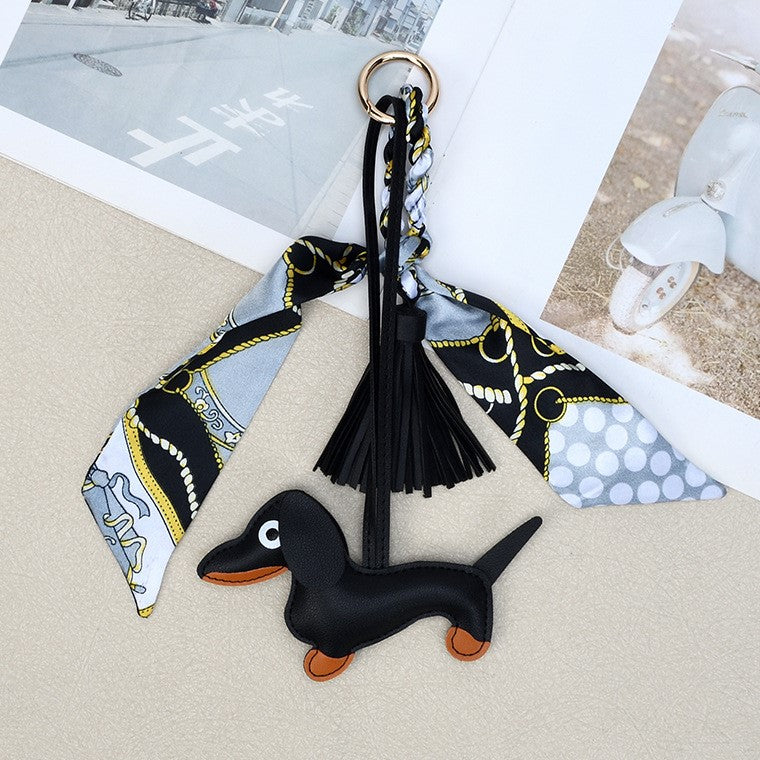 Sausage Dog Keychain With Scarf and Tassel - Black
