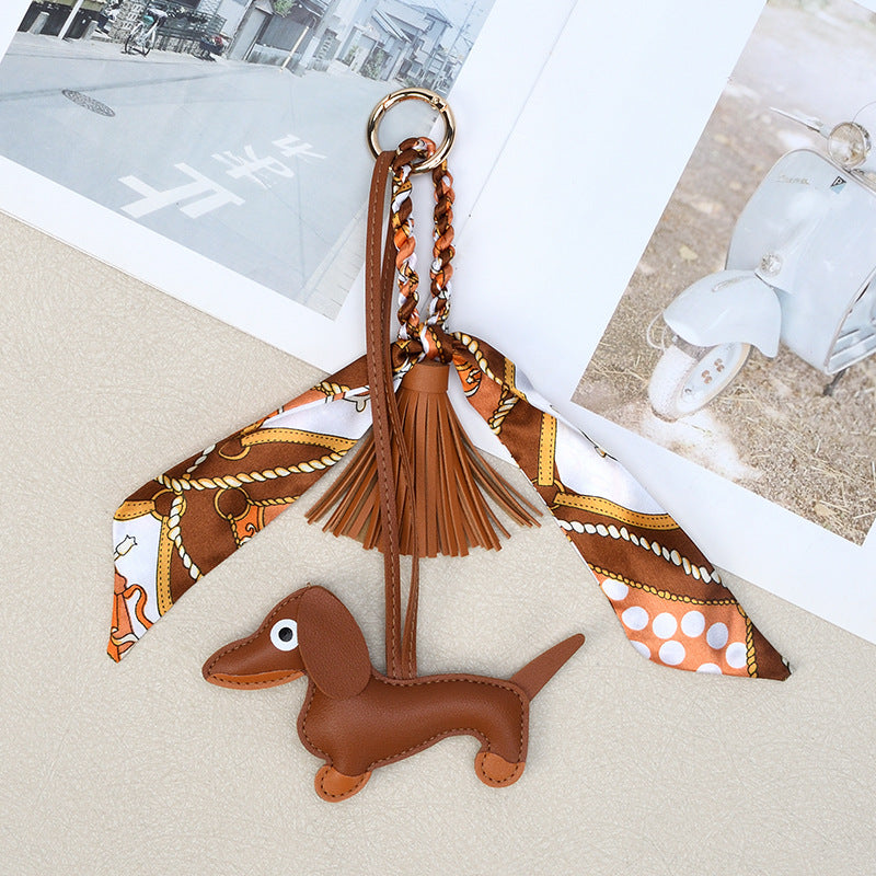 Sausage Dog Keychain With Scarf and Tassel - Brown