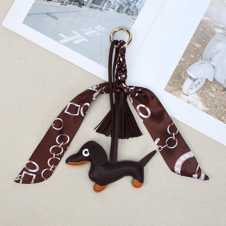 Sausage Dog Keychain With Scarf and Tassel - Coffee