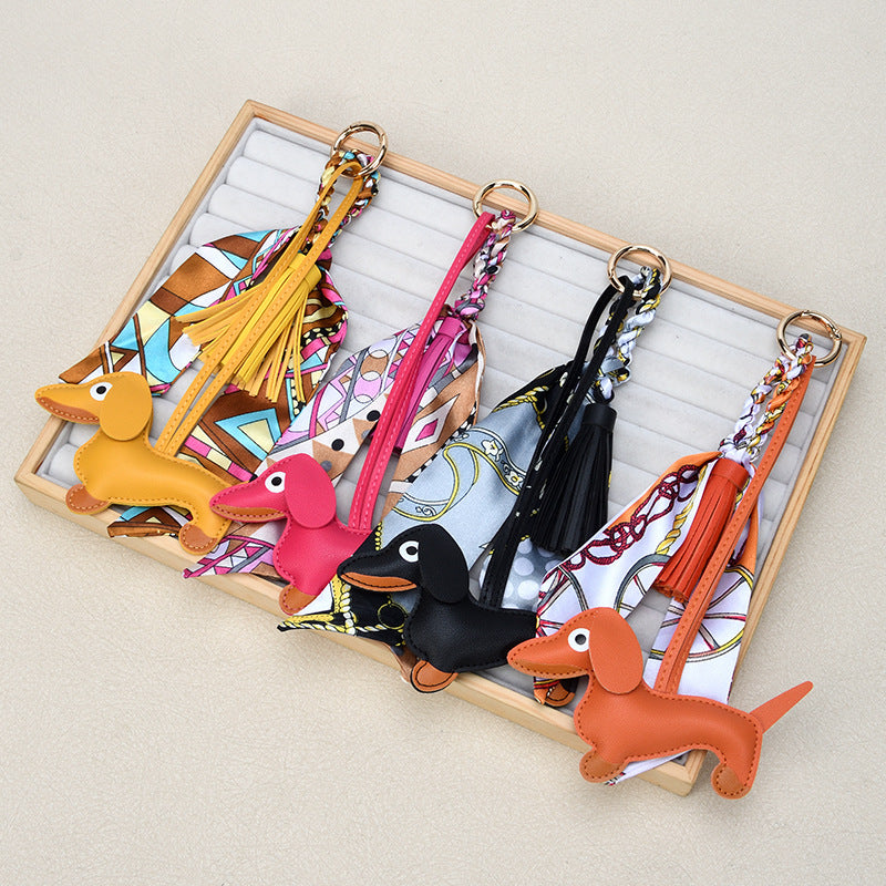Sausage Dog Keychain With Scarf and Tassel - Orange