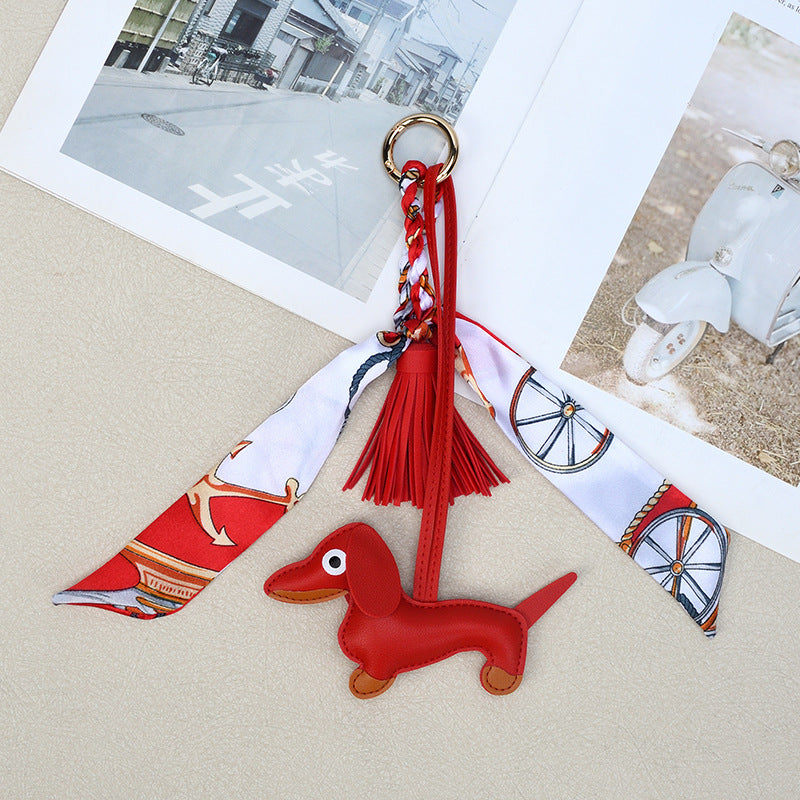 Sausage Dog Keychain With Scarf and Tassel - Red