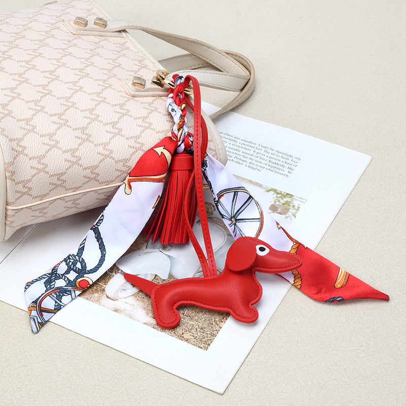 Sausage Dog Keychain With Scarf and Tassel - Red - 1