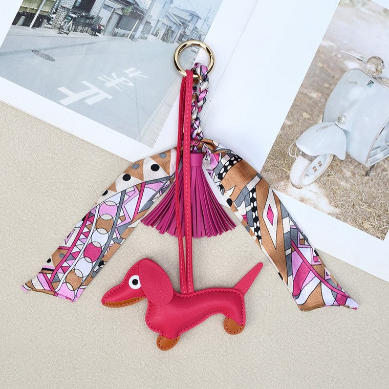 Sausage Dog Keychain With Scarf and Tassel - RoseRed