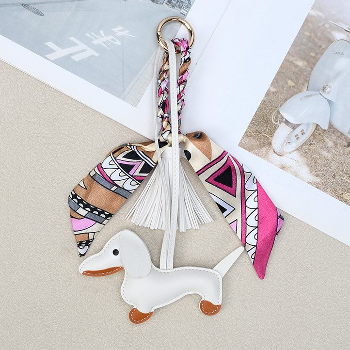 Sausage Dog Keychain With Scarf and Tassel - White