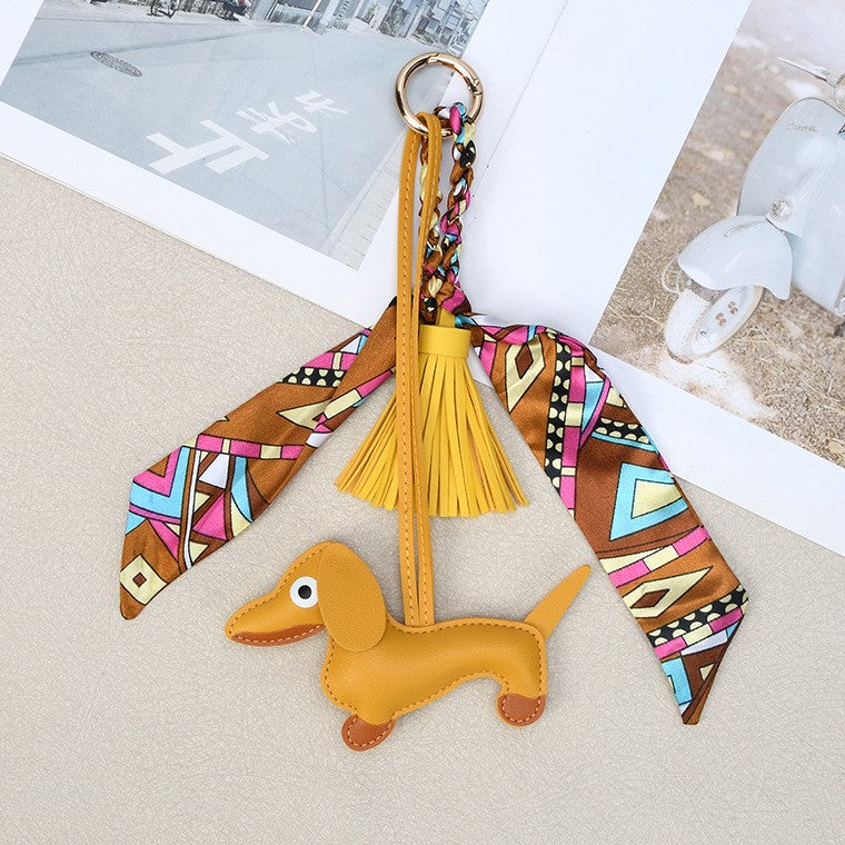 Sausage Dog Keychain With Scarf and Tassel - Yellow