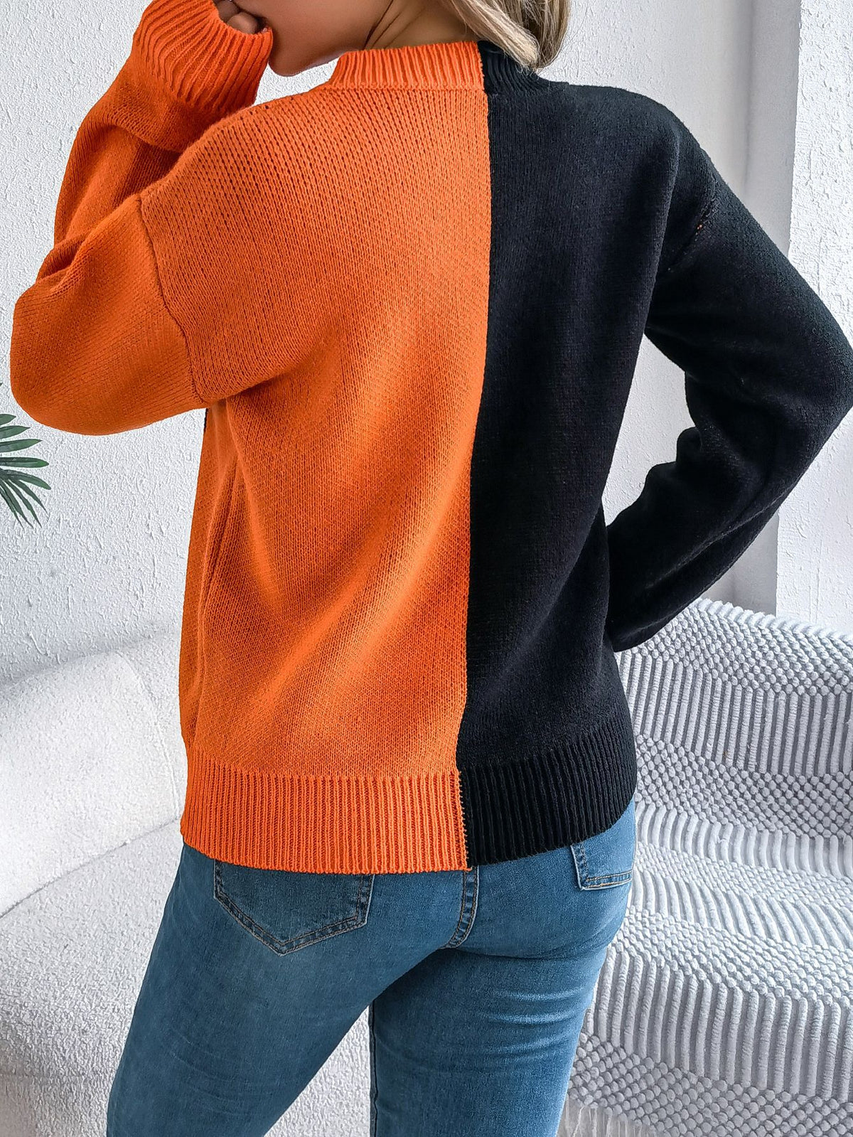 Split Contrast Carved Face Halloween Knit Sweater - Orange - 1