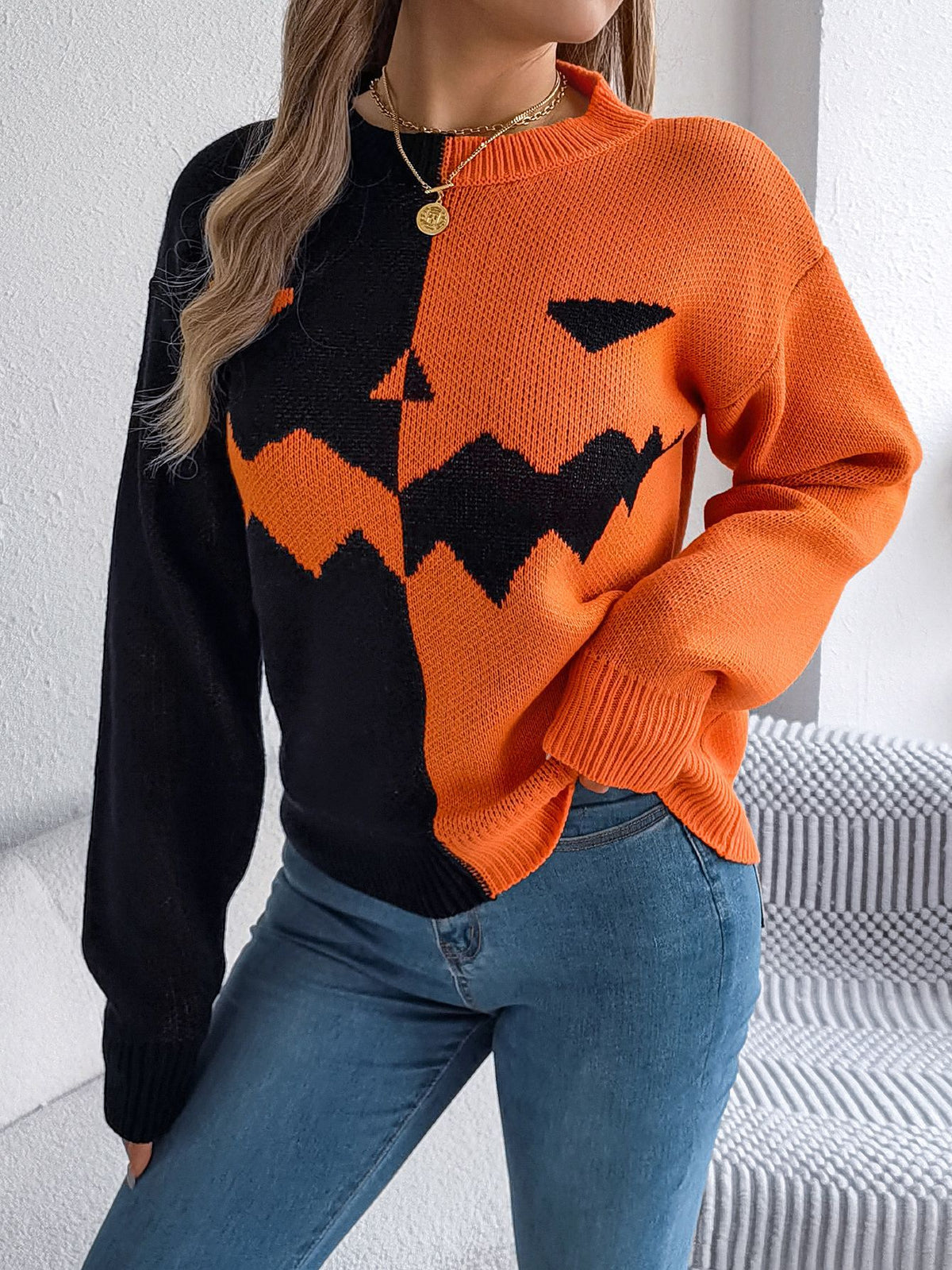Split Contrast Carved Face Halloween Knit Sweater - Orange - 2